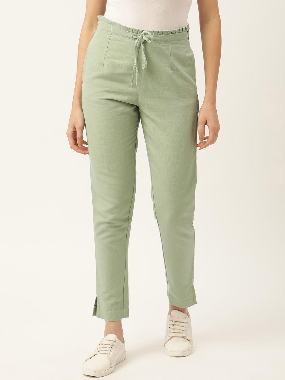 rooted women green solid trousers