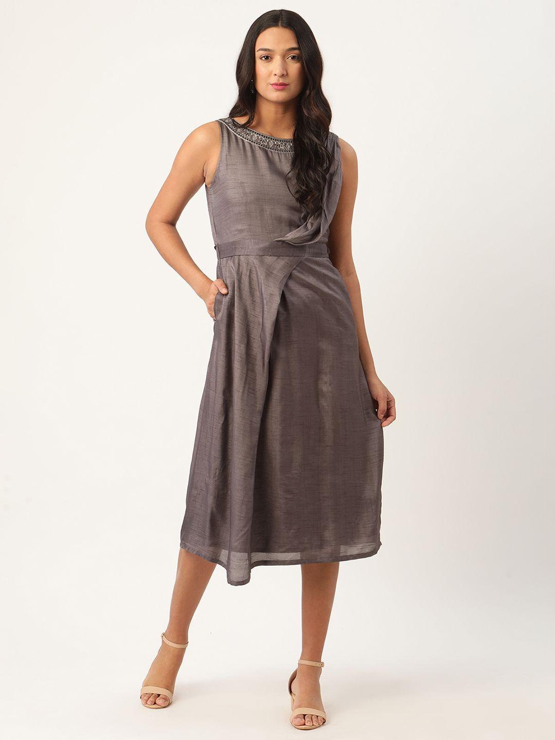 rooted women grey solid fit and flare dress