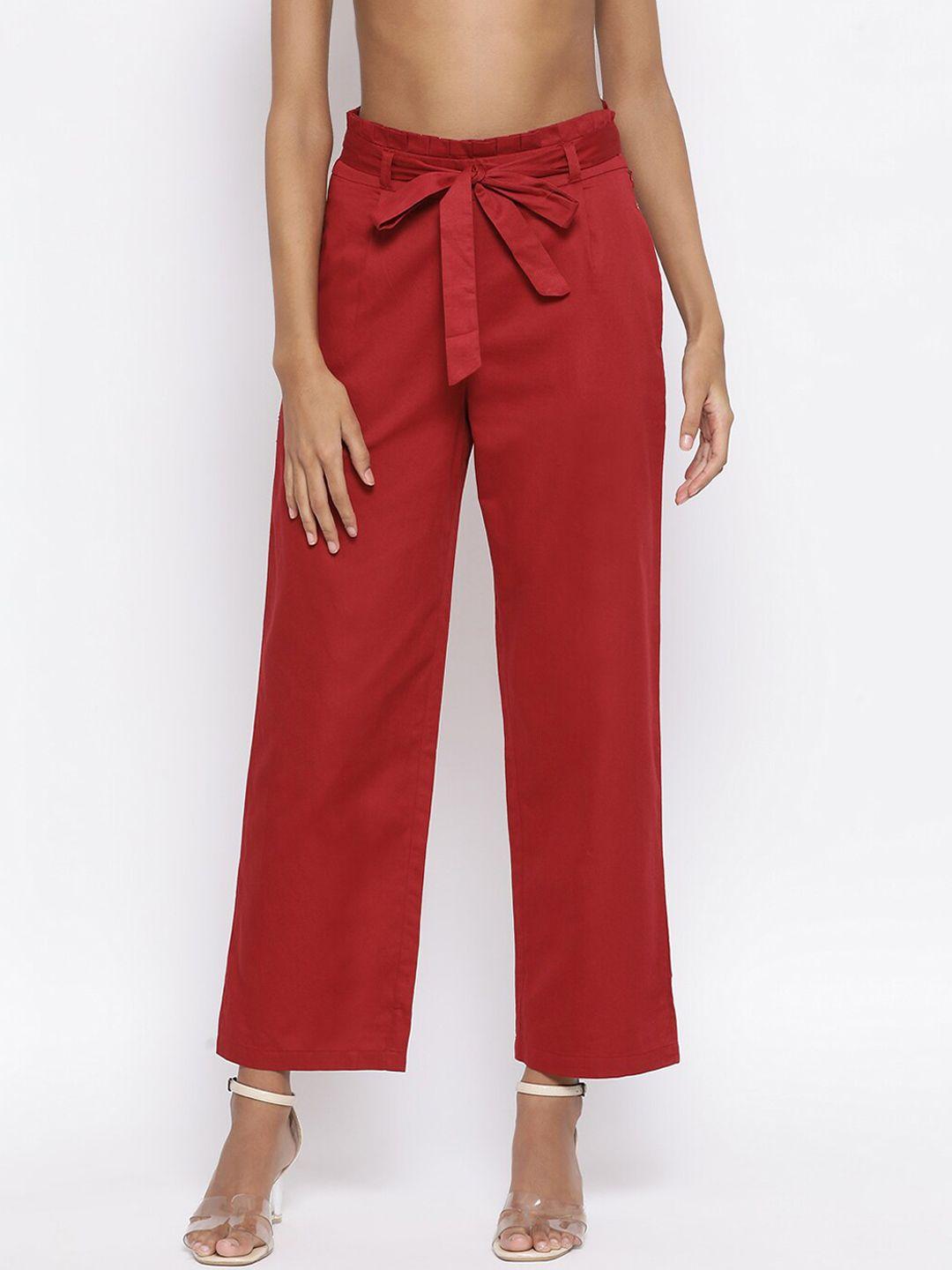 rooted women maroon solid regular trousers
