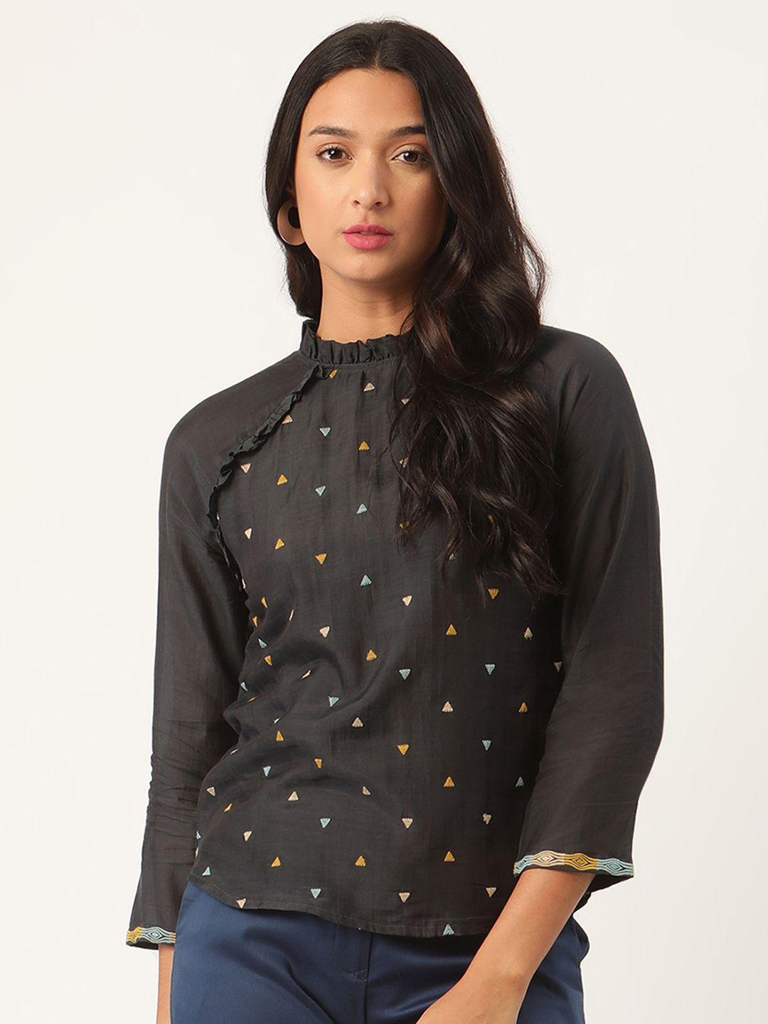 rooted women navy blue embroidered top