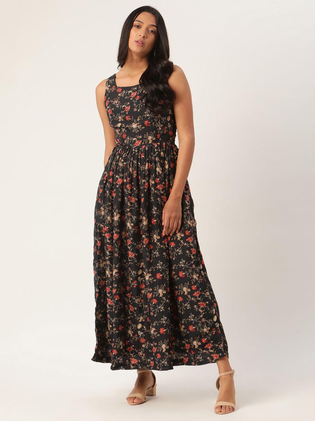 rooted women navy blue printed fit and flare dress