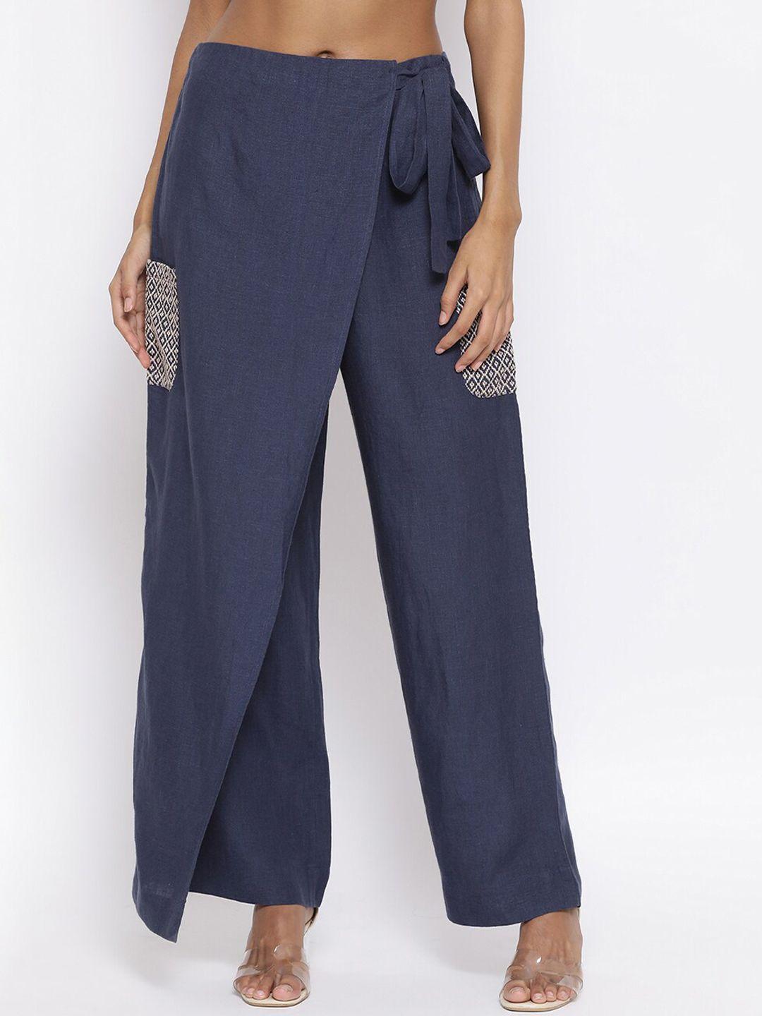 rooted women navy blue regular fit solid parallel trousers