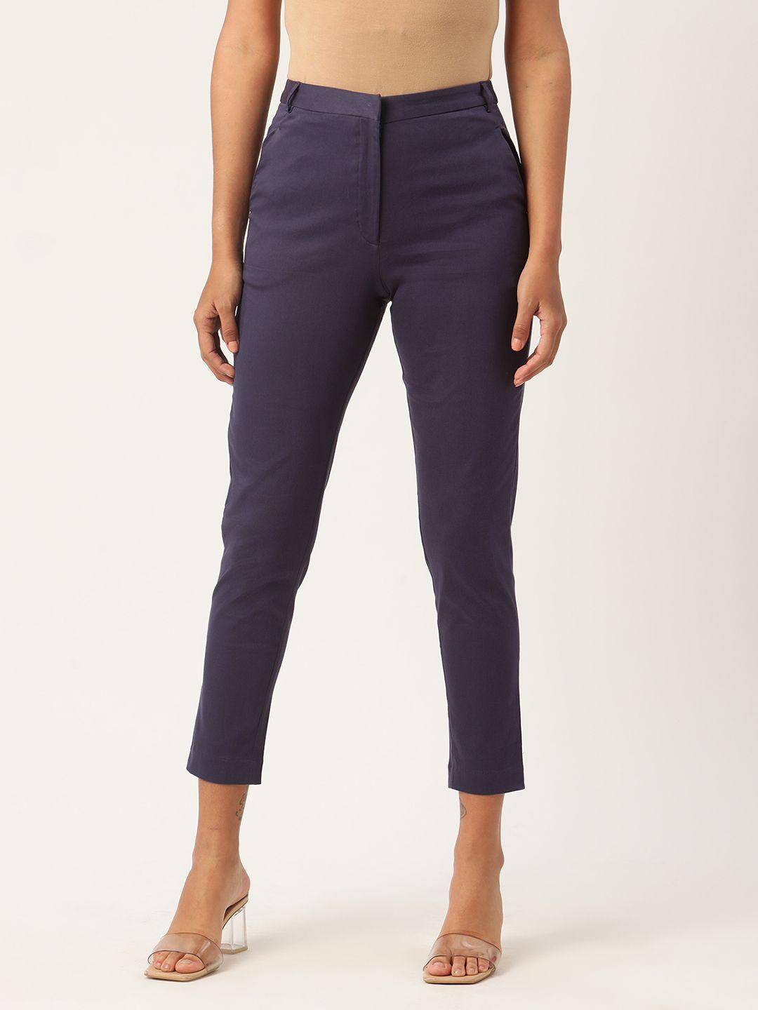 rooted women navy blue solid regular trousers