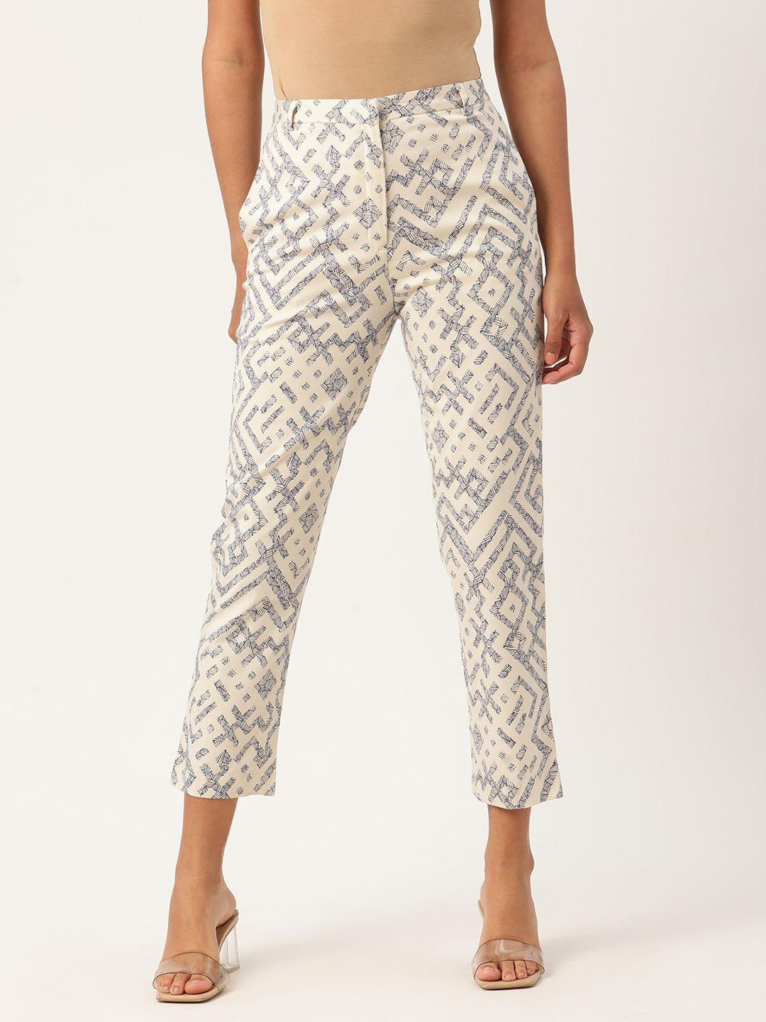 rooted women off-white & grey printed regular trousers