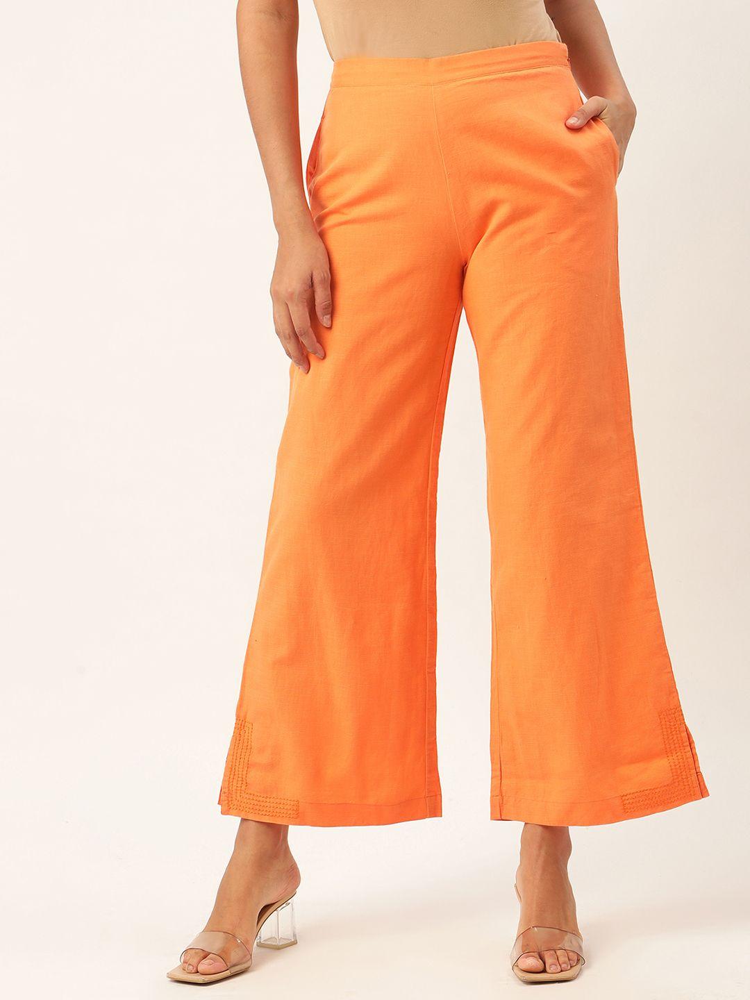 rooted women orange regular fit solid parallel trousers