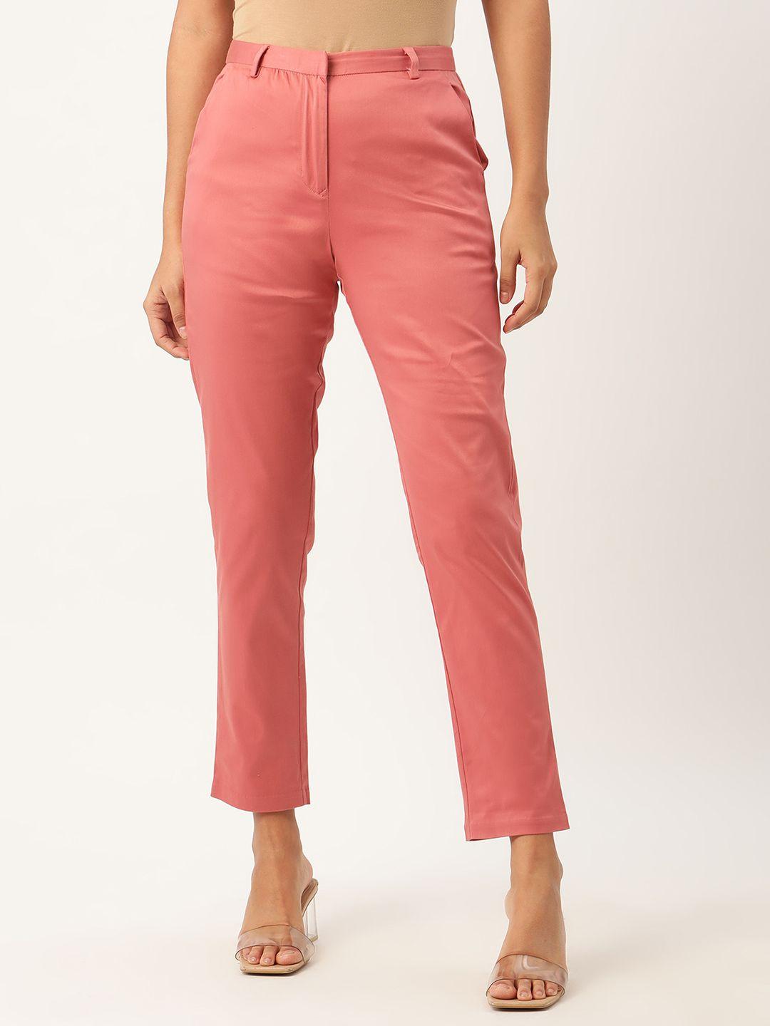 rooted women pink tapered fit solid cigarette trousers