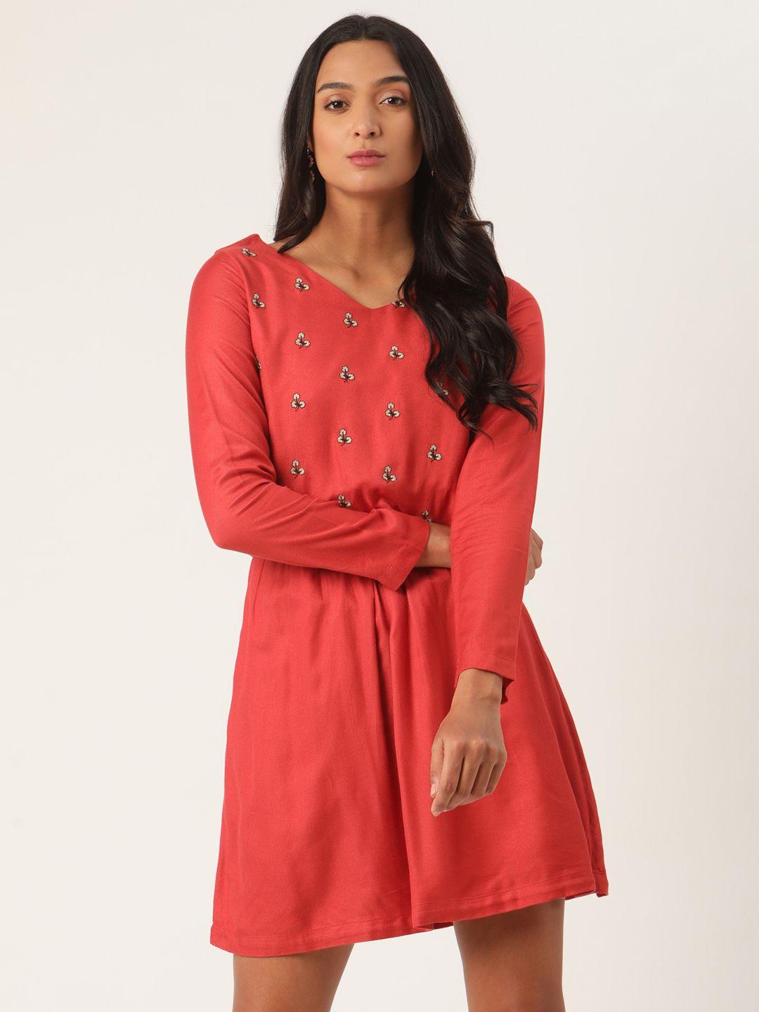 rooted women rust floral print fit and flare dress