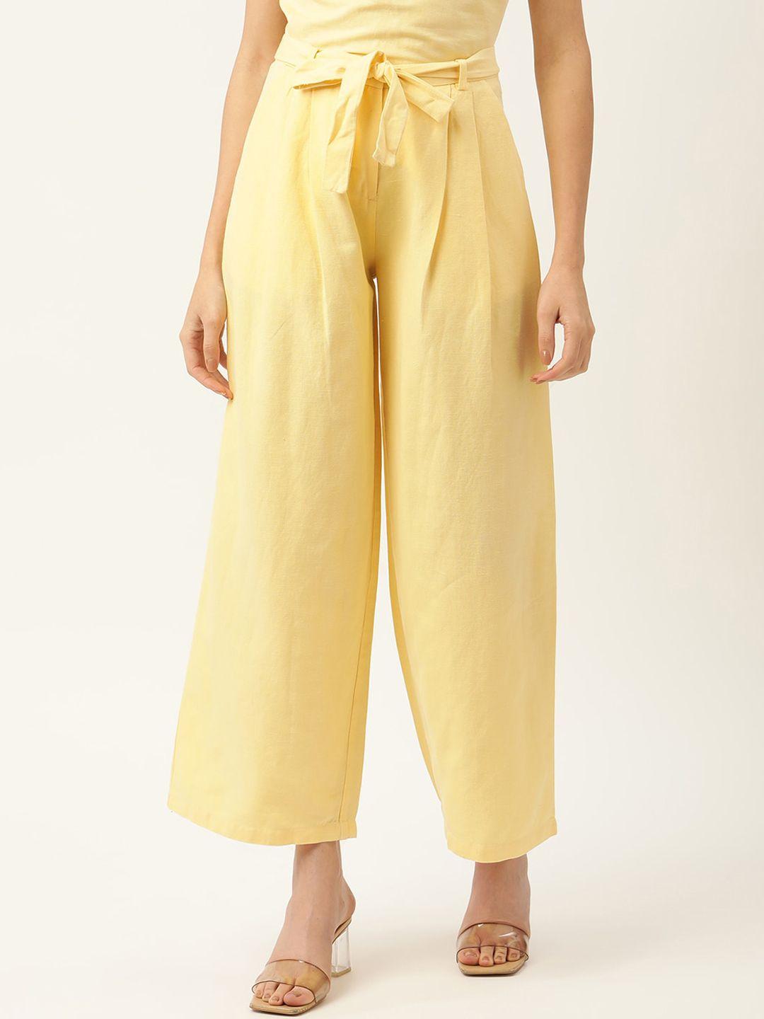 rooted women yellow culottes trousers