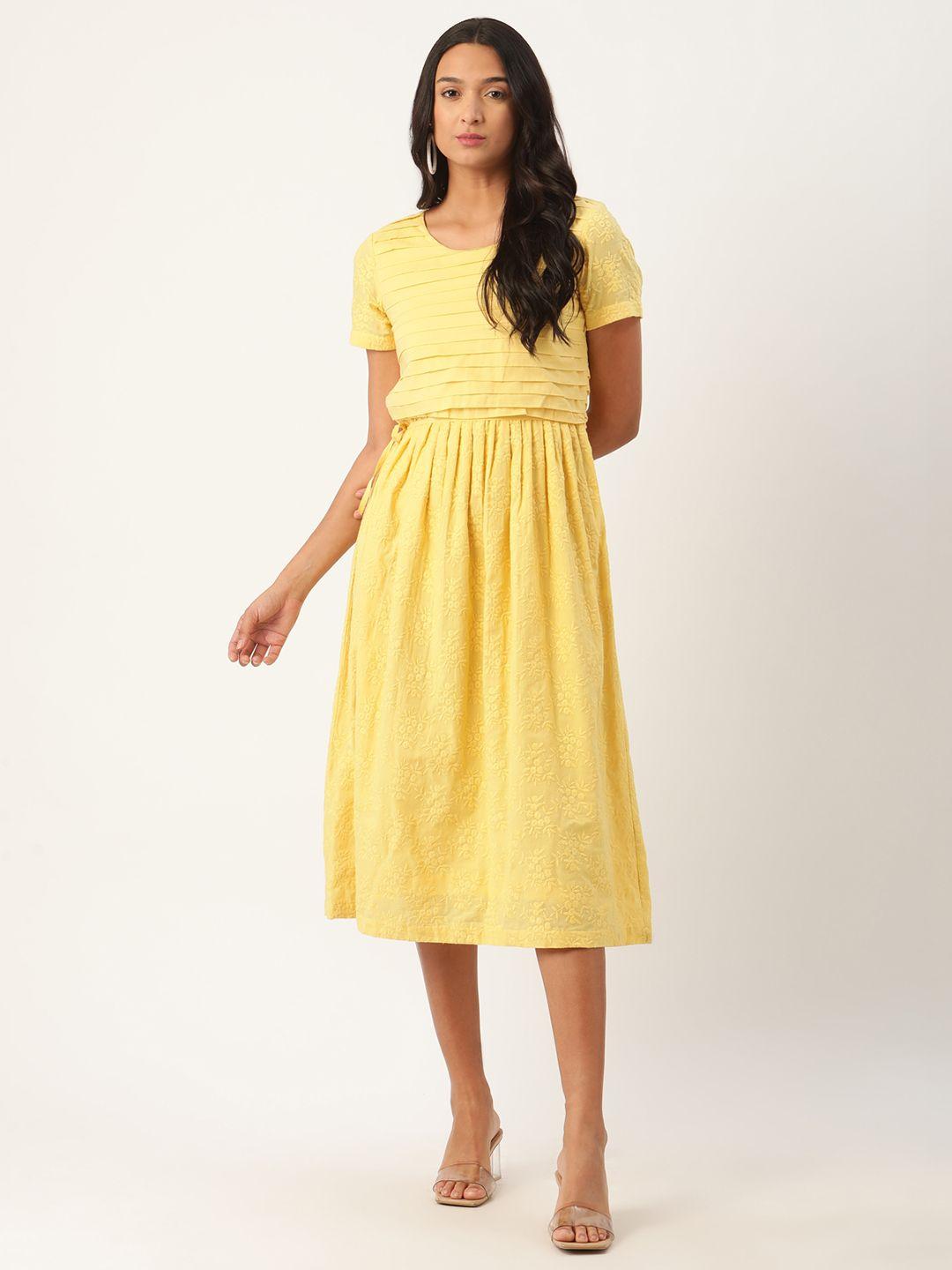 rooted women yellow embroidered fit & flare dress