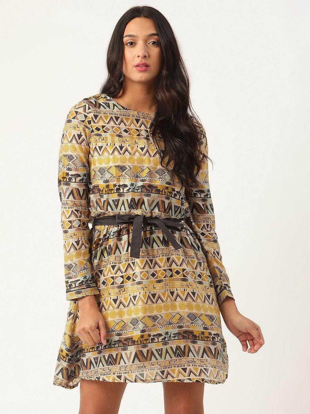rooted women yellow printed fit and flare dress