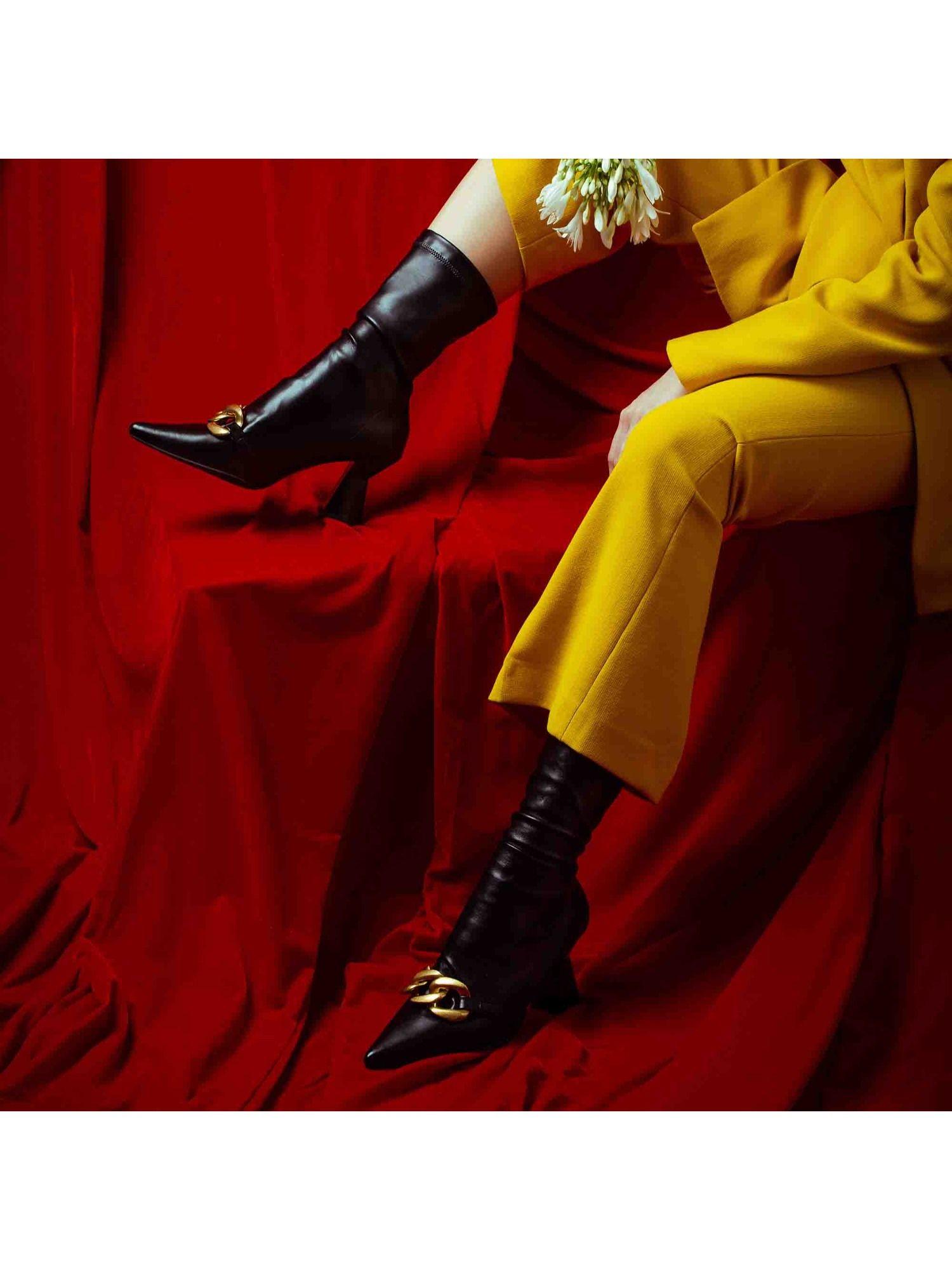 rosalie black stretch napa pointed heel calf boots