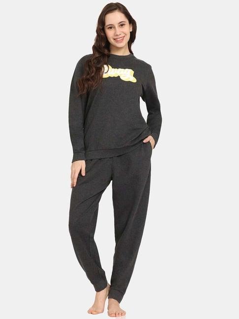 rosaline by zivame black printed sweatshirt pyjamas set