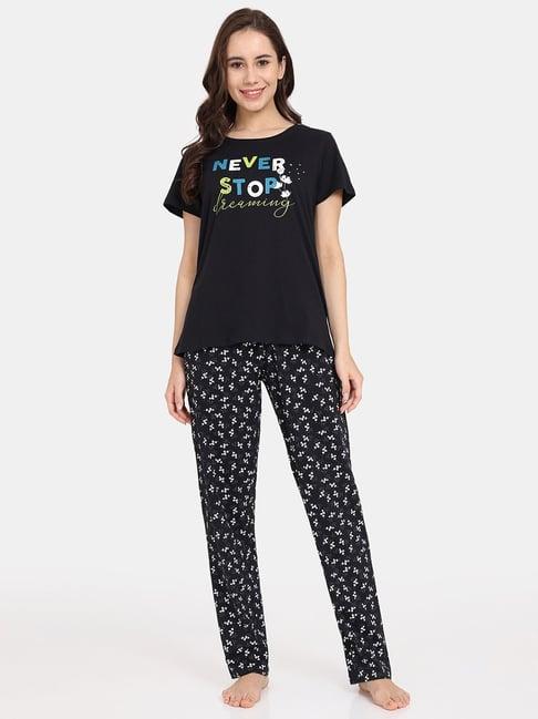 rosaline by zivame black printed t-shirt with pyjamas