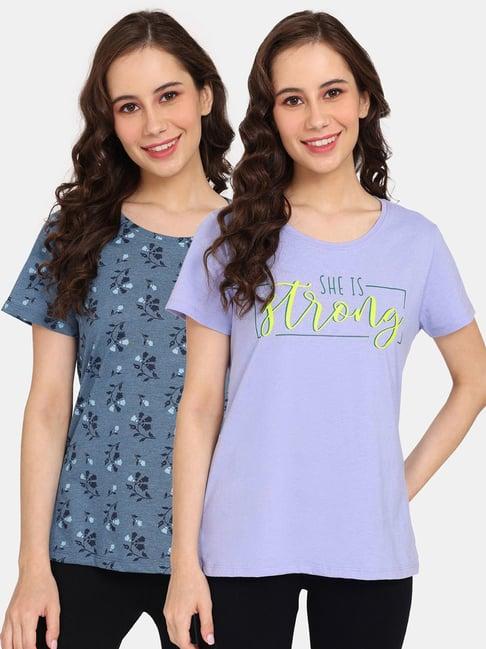 rosaline by zivame blue & light purple printed t-shirt - pack of 2