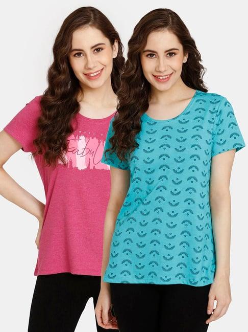 rosaline by zivame blue & pink printed t-shirt - pack of 2