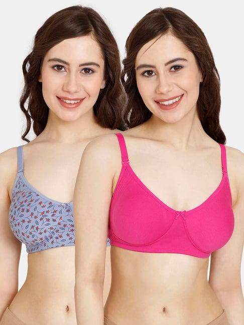 rosaline by zivame blue & pink printed wireless half coverage t-shirt bra - pack of 2