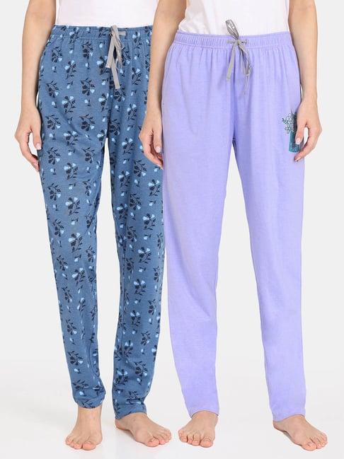 rosaline by zivame blue & purple cotton printed pyjamas - pack of 2