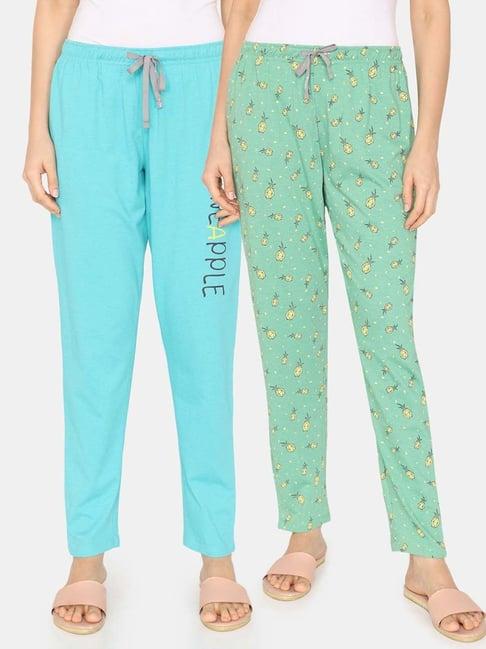 rosaline by zivame green & blue printed pyjamas - pack of 2