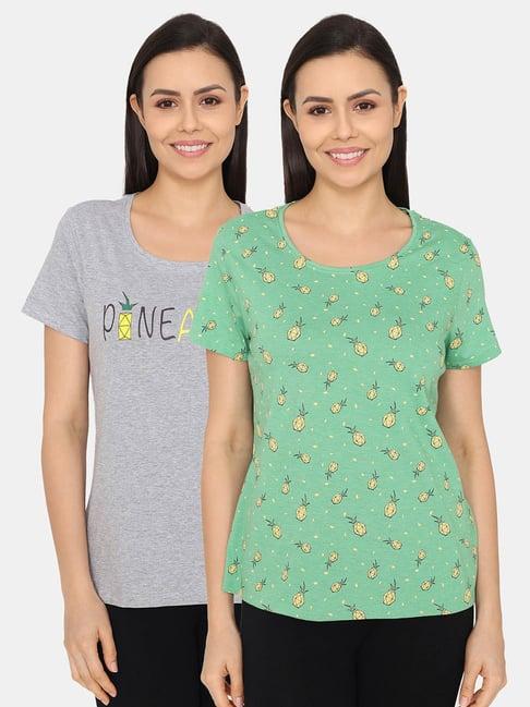 rosaline by zivame green & grey cotton printed top - pack of 2