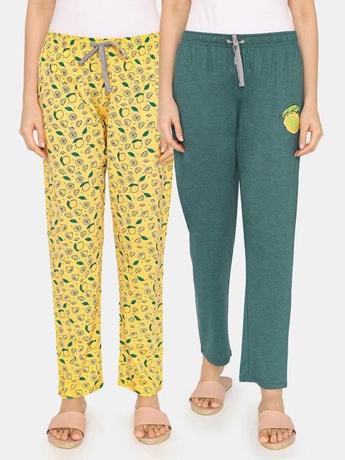 rosaline by zivame green & yellow printed pyjamas - pack of 2