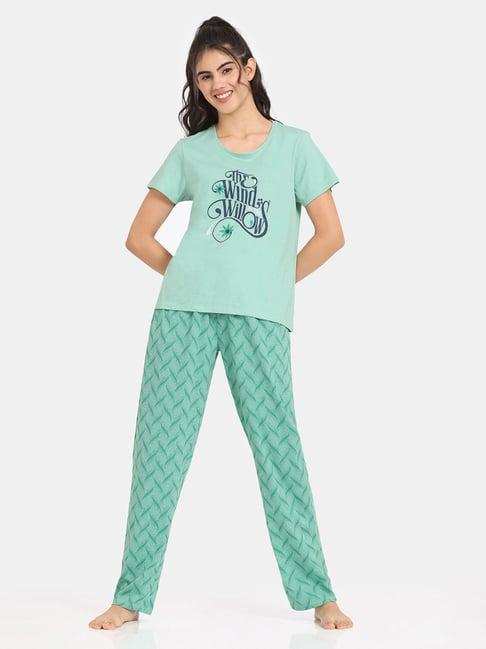 rosaline by zivame green printed t-shirt with lounge pants