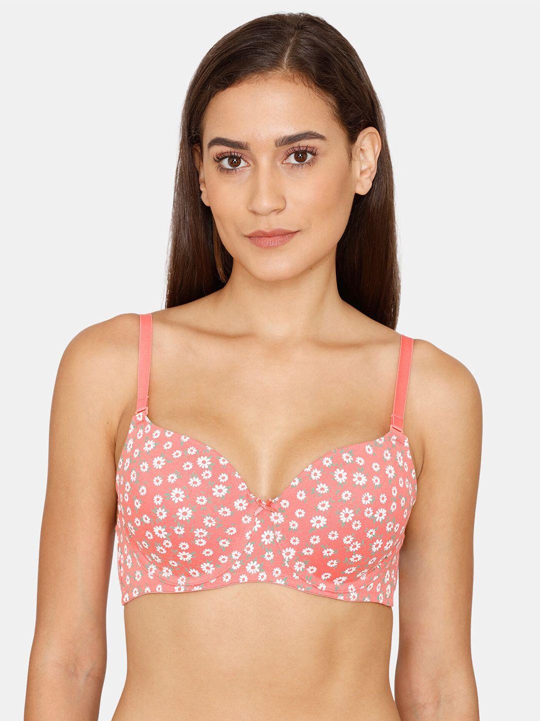 rosaline by zivame peach-coloured & white floral bra underwired lightly padded