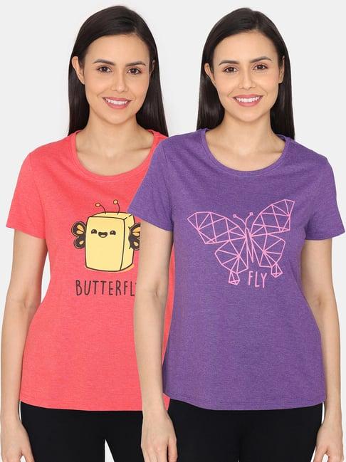 rosaline by zivame purple & red printed t-shirt - pack of 2