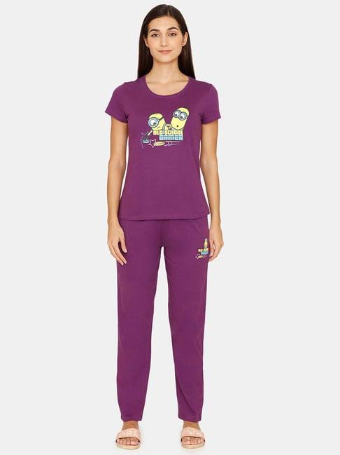 rosaline by zivame purple printed t-shirt with pyjamas