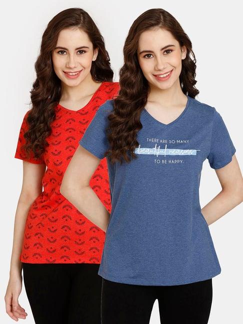 rosaline by zivame red & blue printed t-shirt - pack of 2