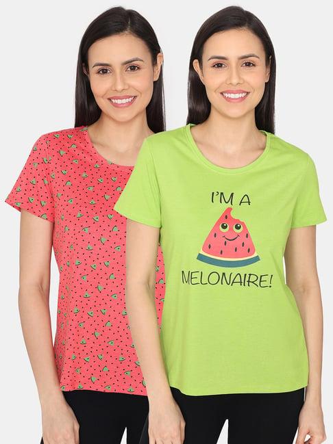 rosaline by zivame red & green printed t-shirt - pack of 2