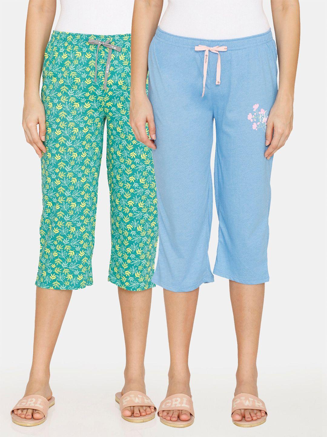 rosaline by zivame women pack of 2 blue & green printed pure cotton capris