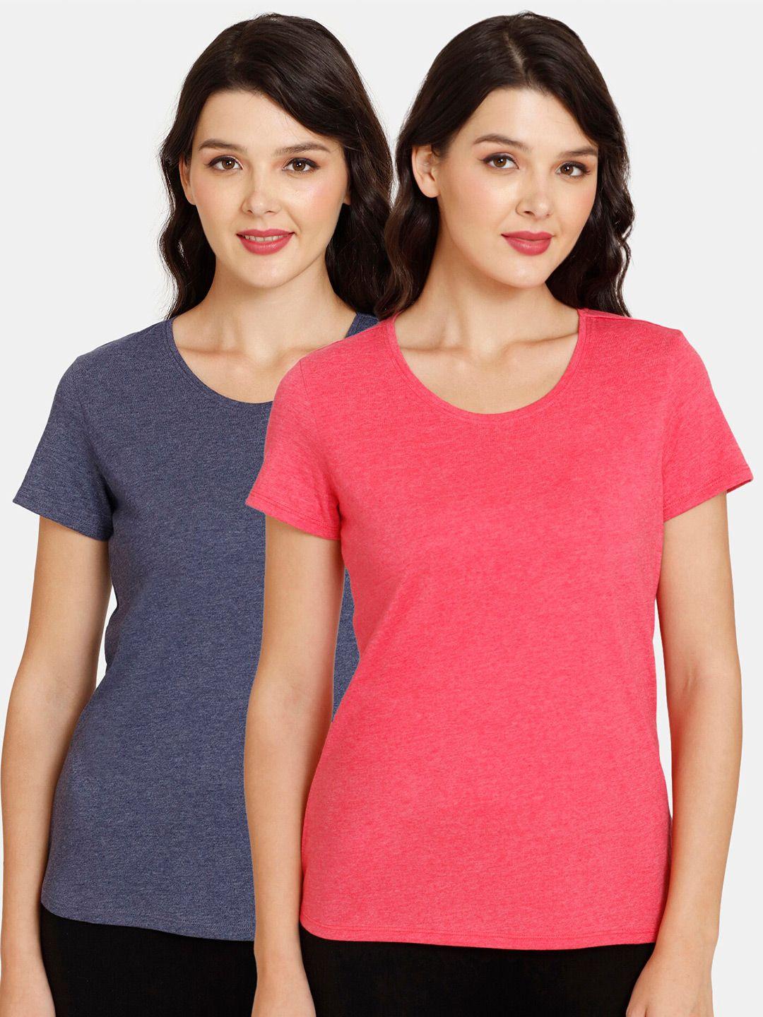 rosaline by zivame women pack of 2 grey & pink solid pure cotton top