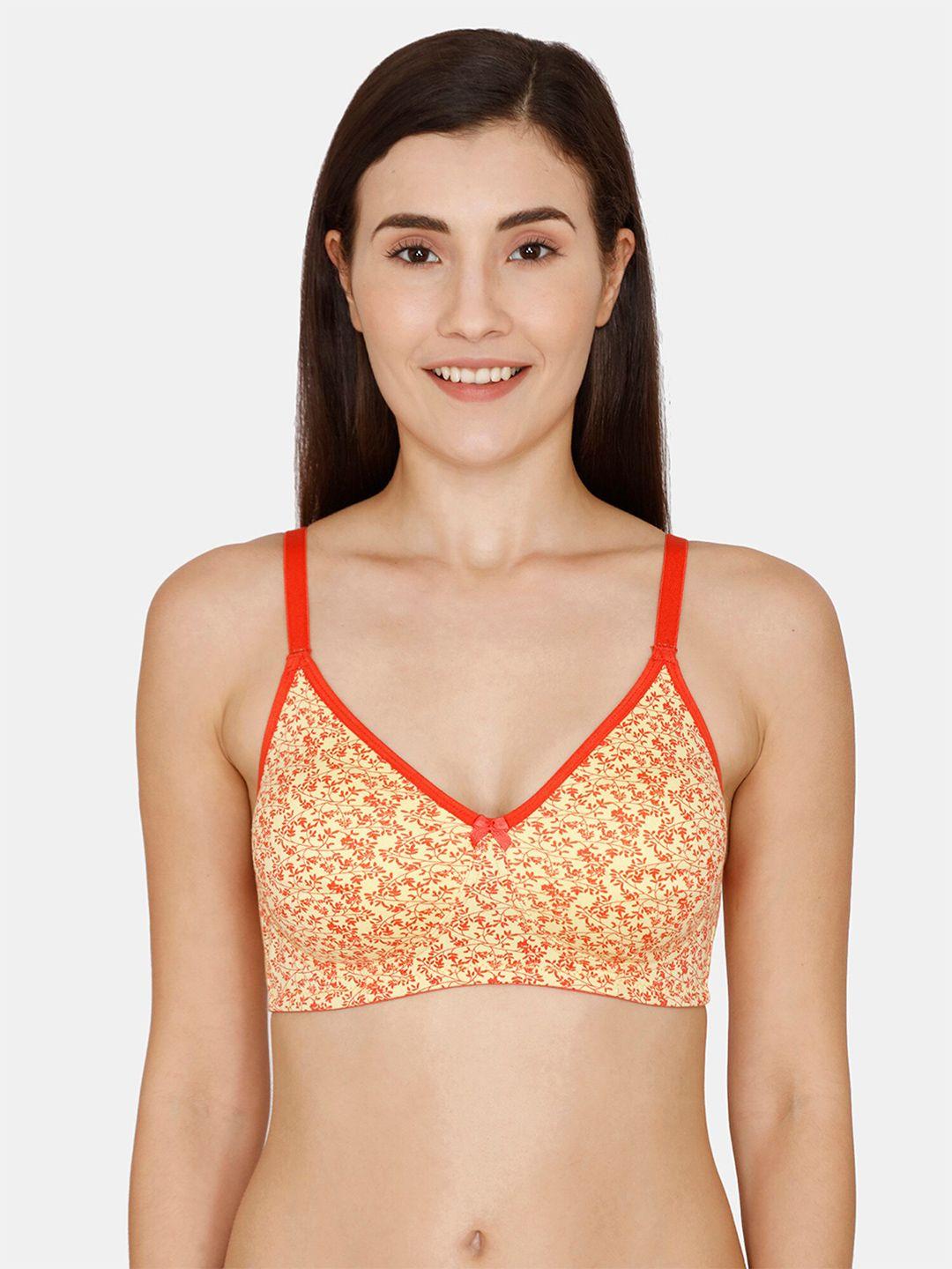 rosaline by zivame yellow & orange floral printed non padded non wired t shirt bra