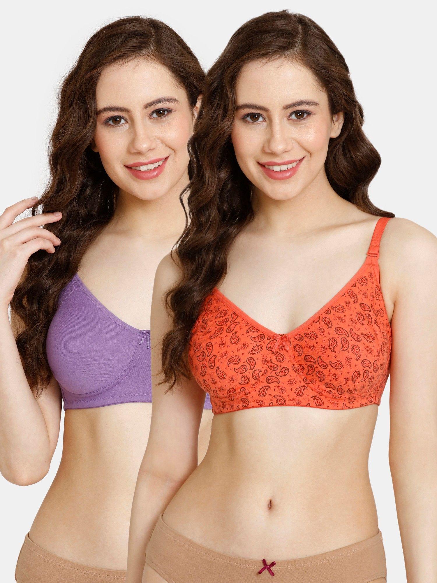 rosaline double layered non wired 3-4th coverage t-shirt bra - red, purple (pack of 2)