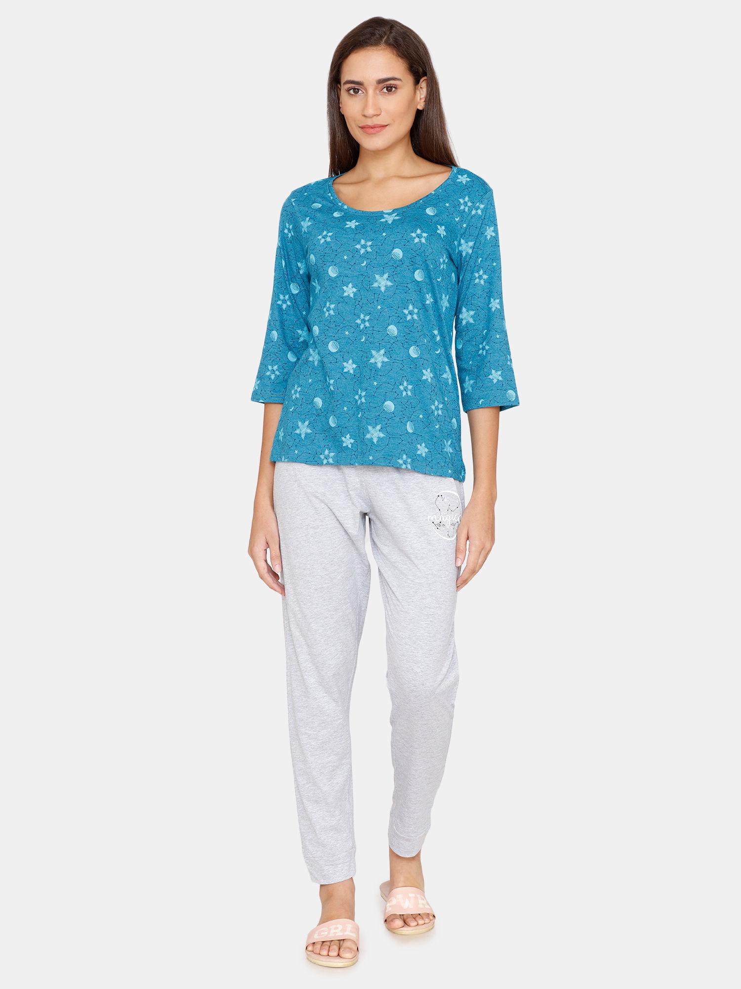 rosaline starry nights knit cotton pyjama set - crystal teal