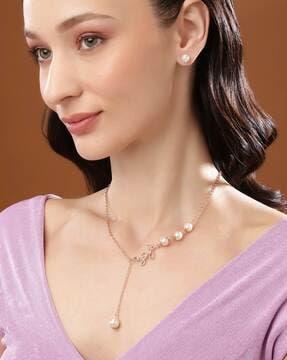 rose gold-plated pearl-beaded necklace & earrings set