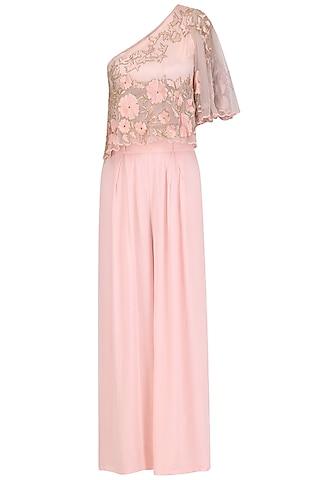 rose pink floral embroidered one shoulder cape  and palazzo pants set