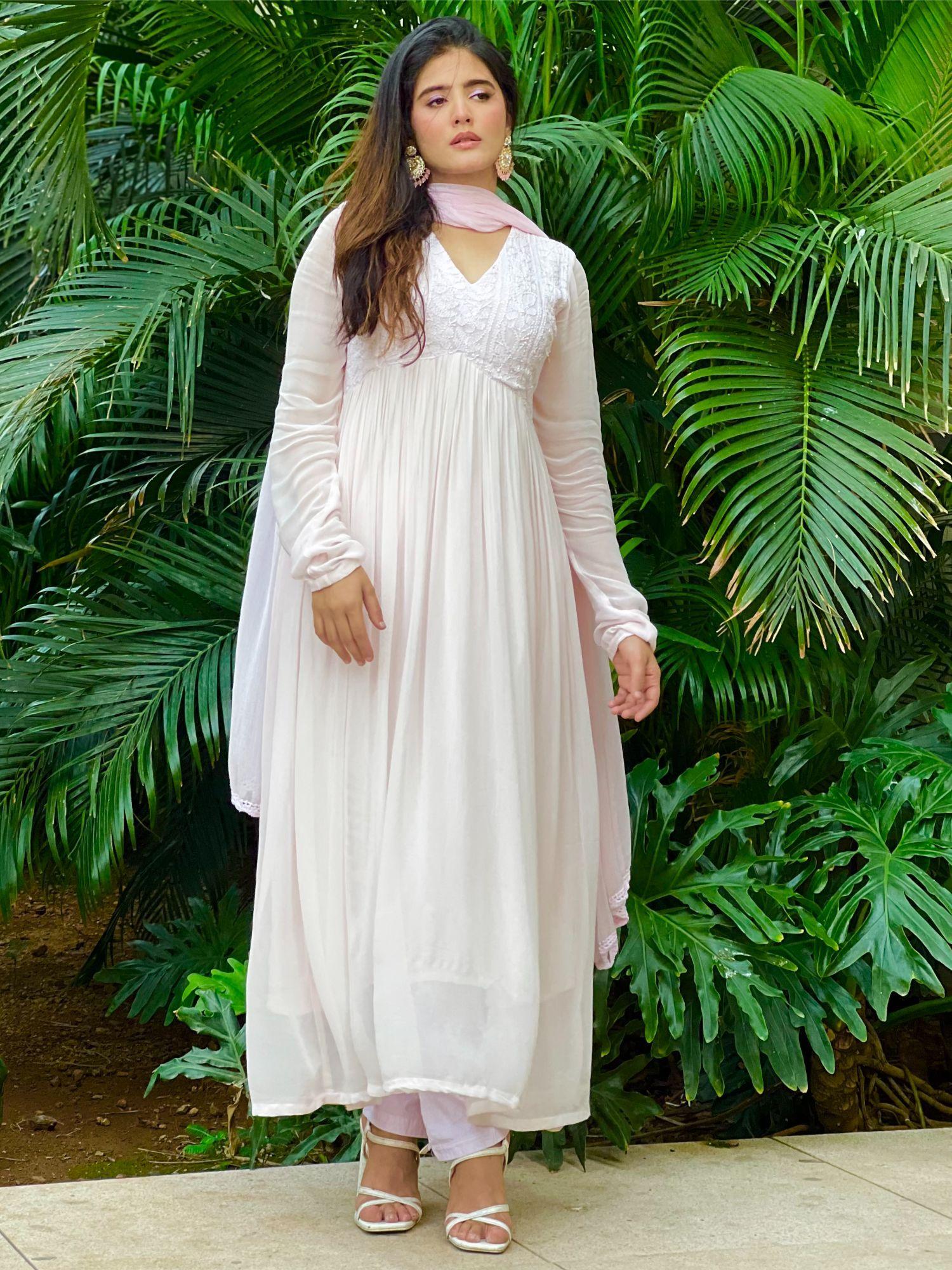 rose blush chikankari anarkali kurta