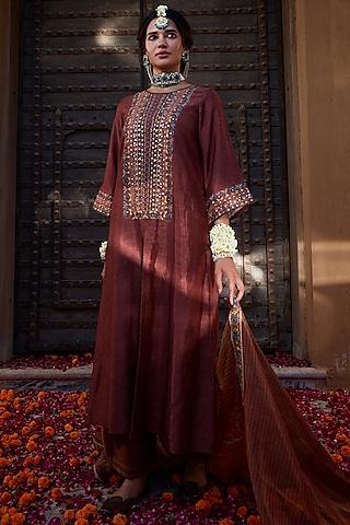 rose brown linen silk embroidered kurta set