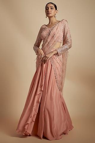 rose crepe embellished draped saree set