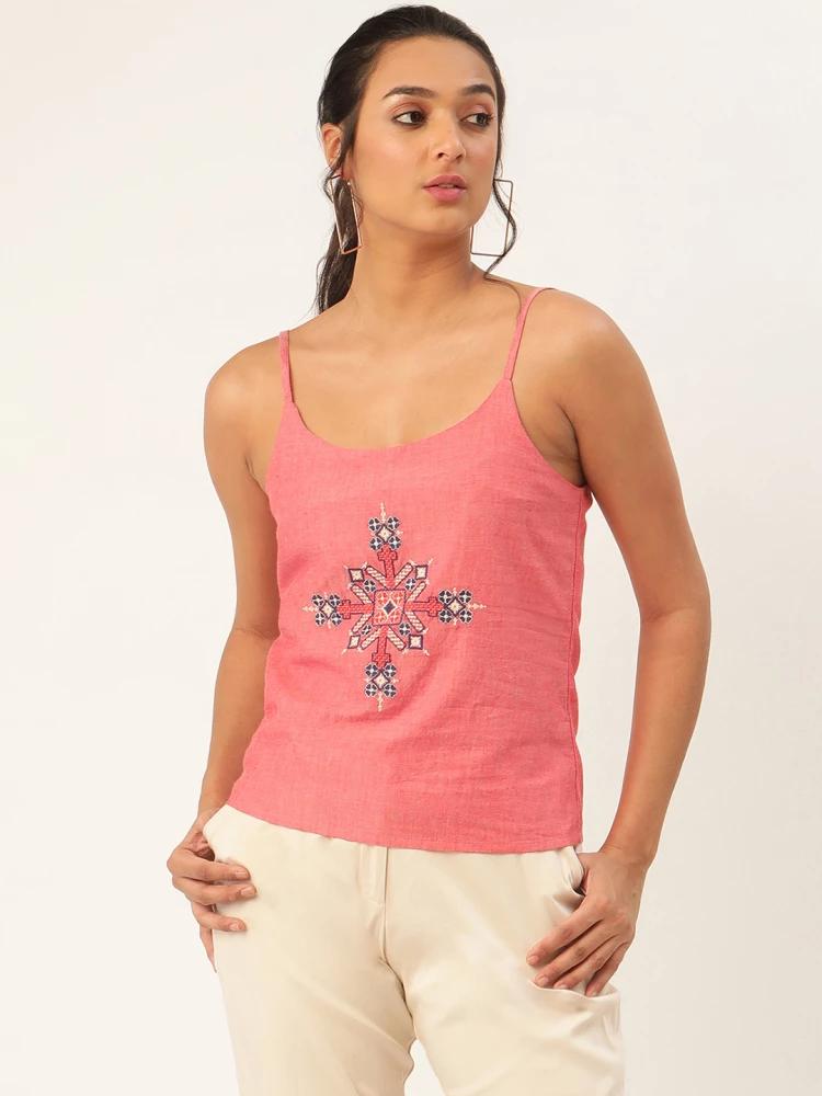 rose embroidered round neck camisole