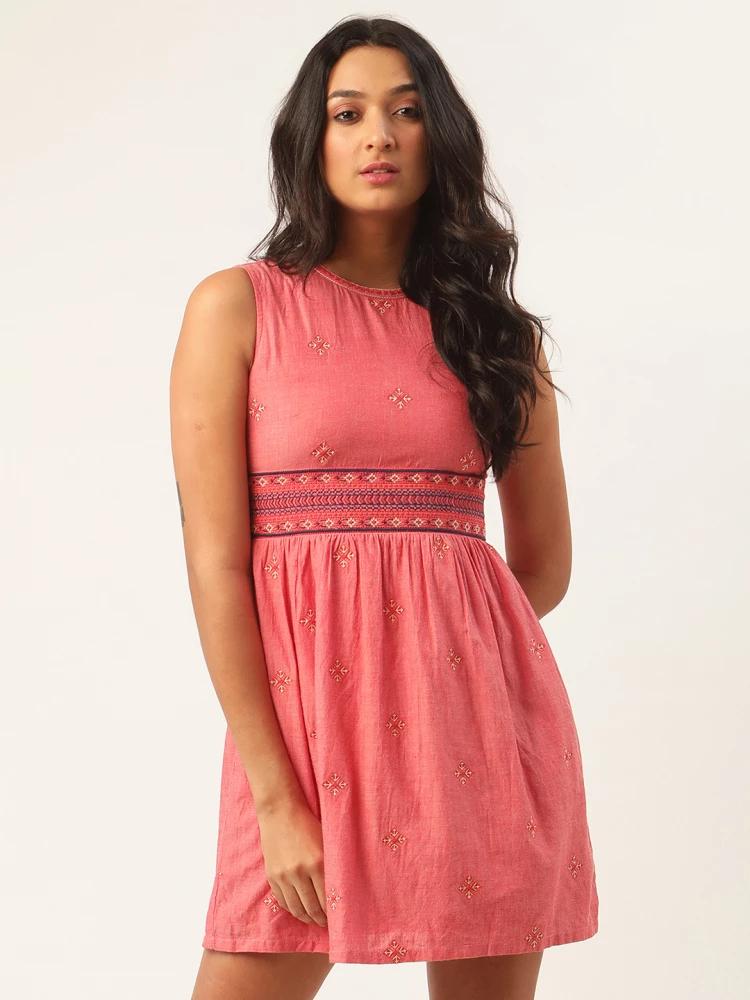 rose embroidered round neck dress