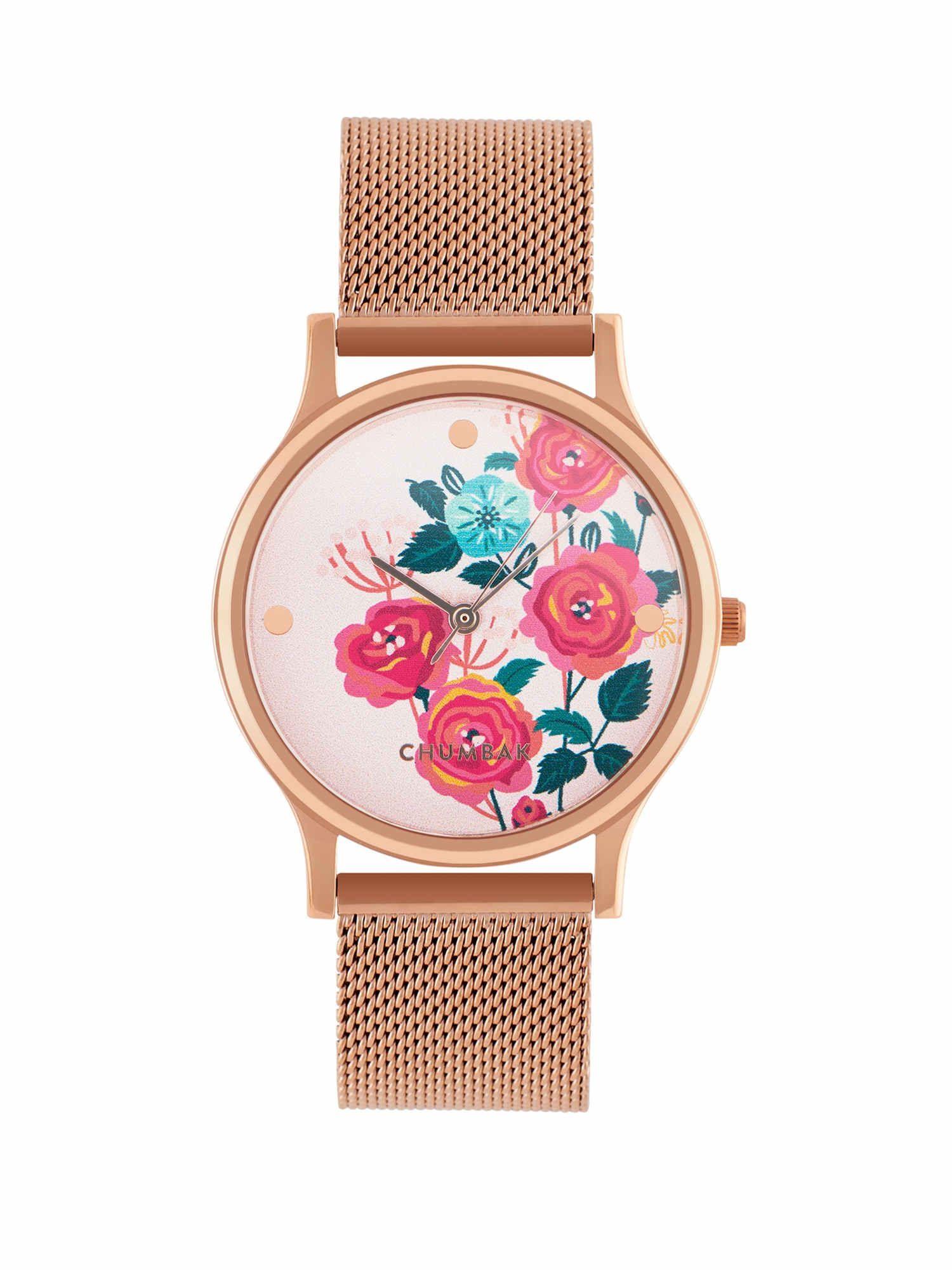 rose garden watch metal mesh strap dial pink