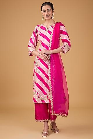 rose gold & rani pure spun silk resham & marori embroidered leheriya kurta set