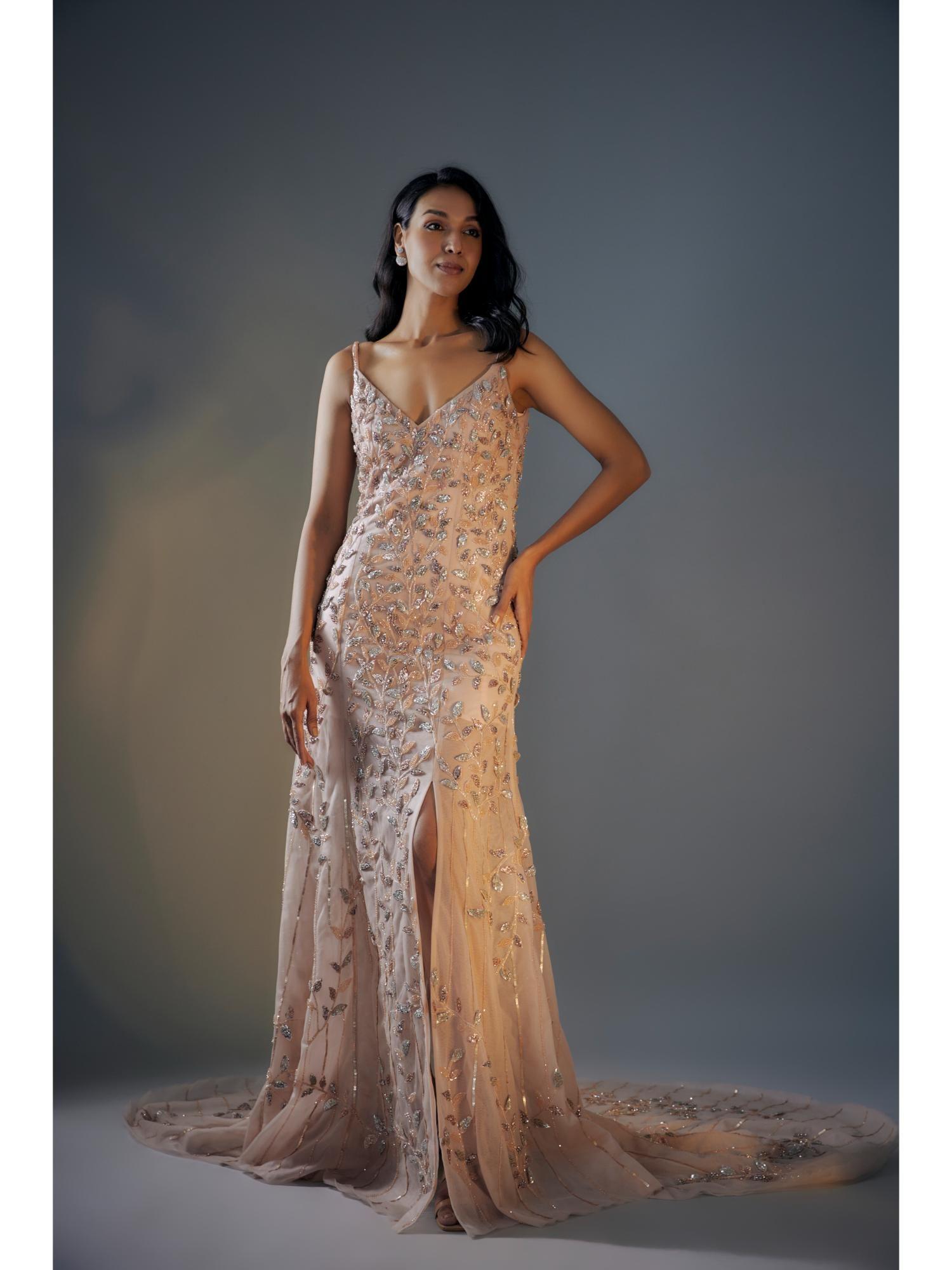 rose gold 3d embroidered trail gown with slit (set of 2)