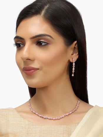 rose gold american diamond pink gemstone studded choker necklace drop earrings set