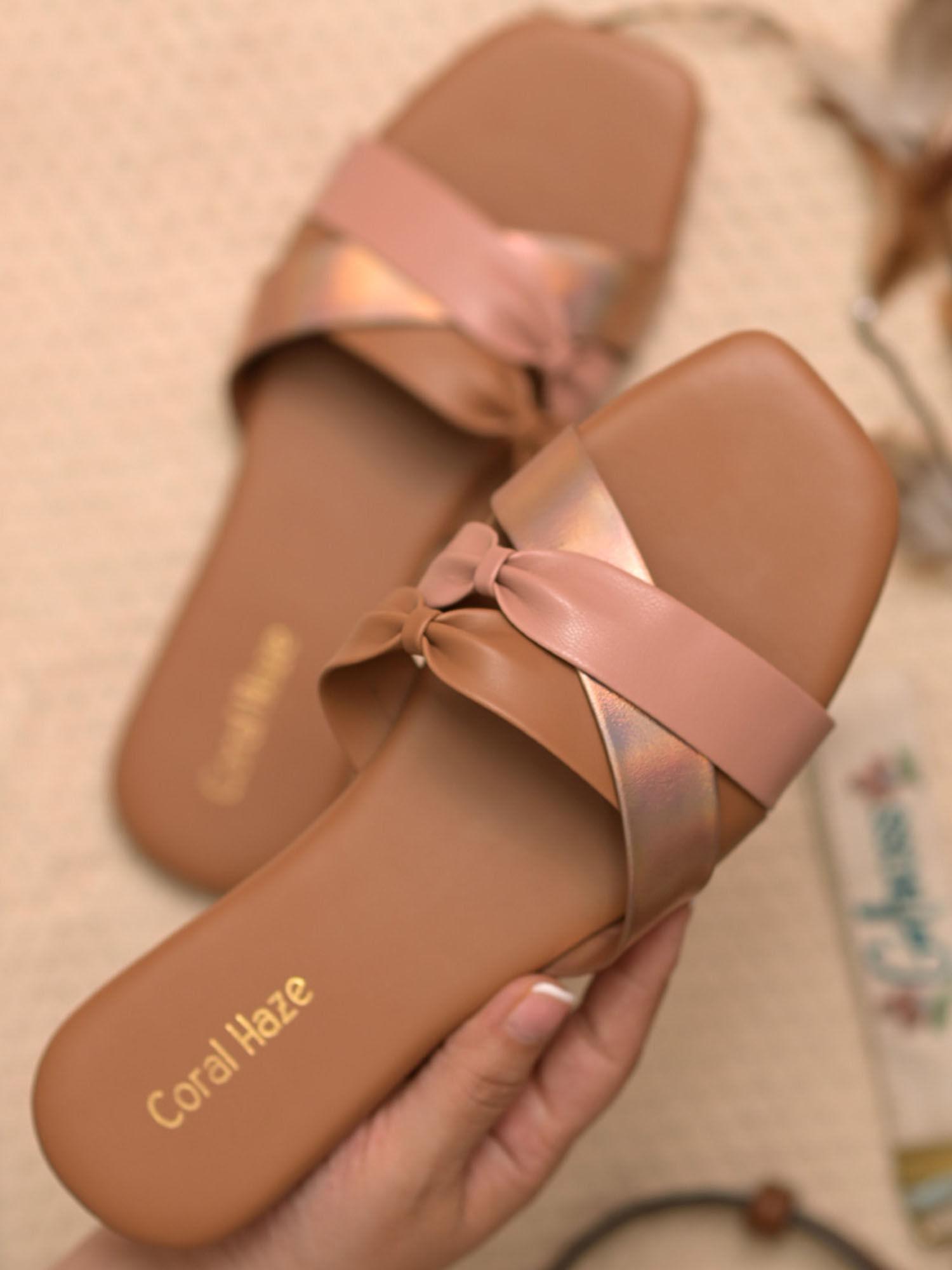 rose gold and nude colored multiple criss cross straps flats