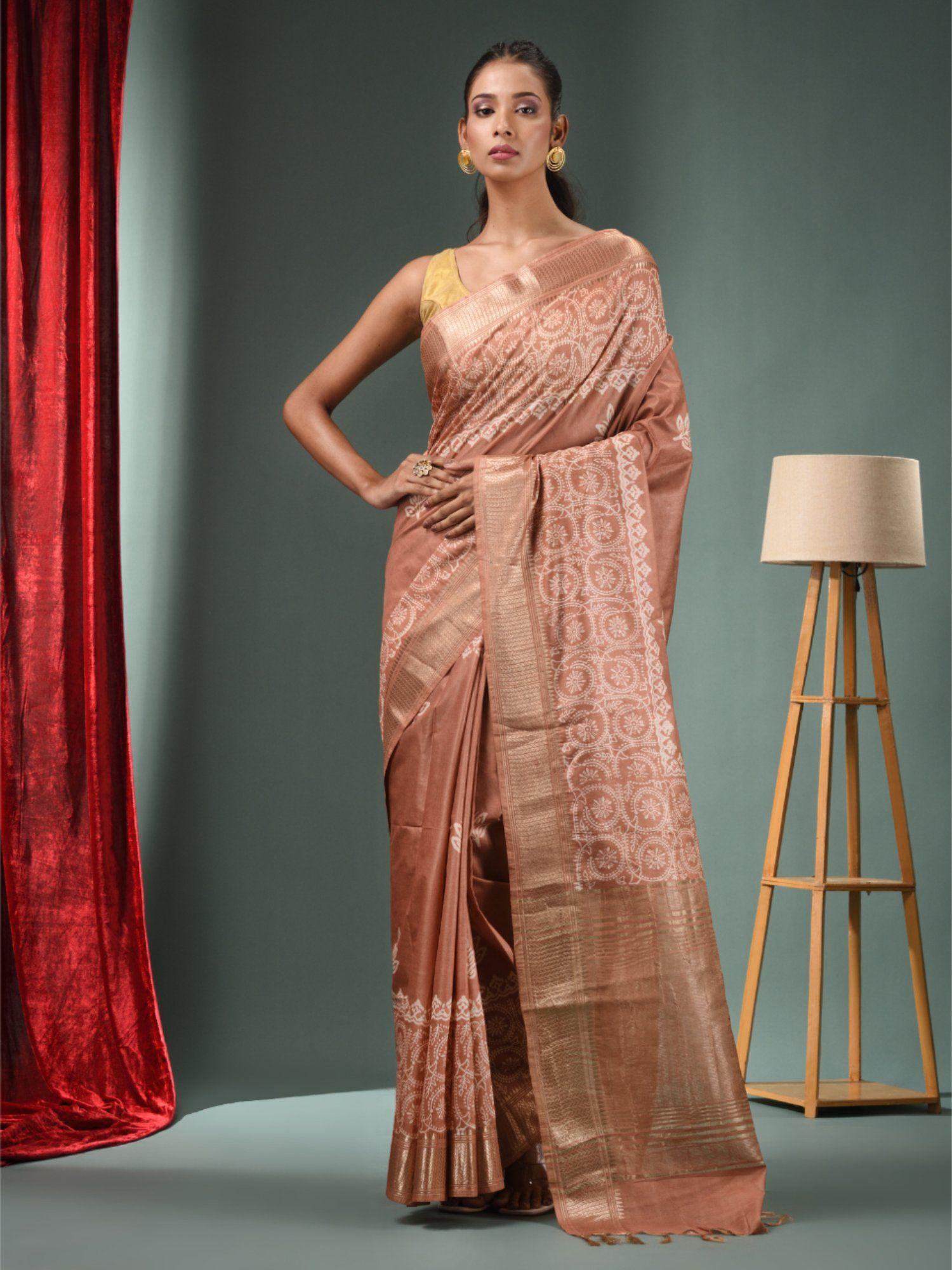 rose gold blended silk handwoven saree with woven zari border & unstitched blouse