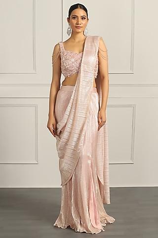 rose gold crinkle fabric & net draped saree set