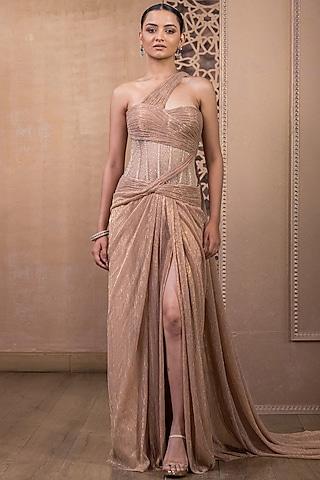 rose gold crinkle tulle draped dress